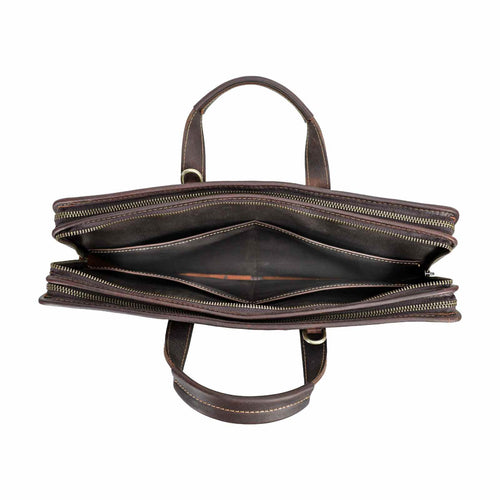 Handmade Full-Grain Leather 16-Inch Triple-Compartment Laptop Briefcase in Red Coffee - view 2