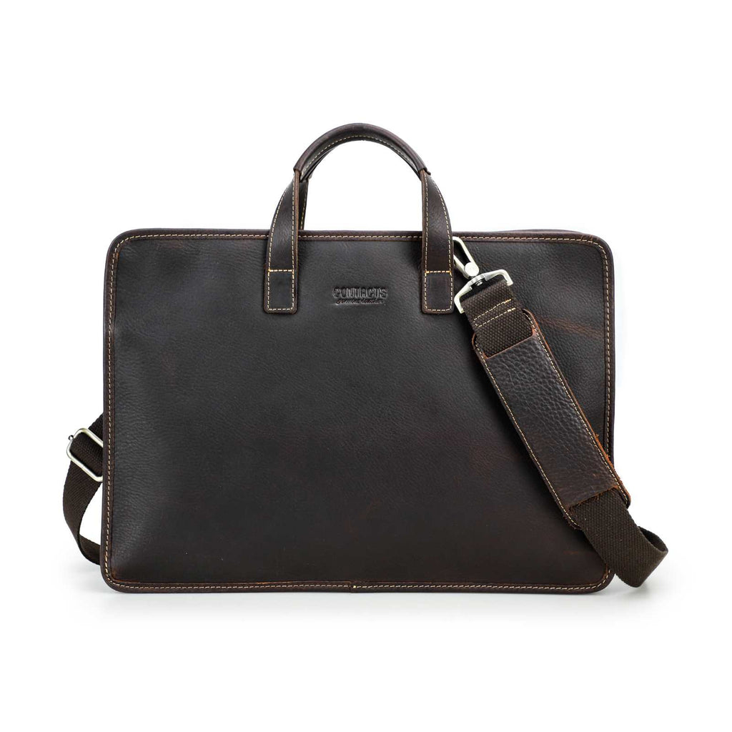 Handmade Full-Grain Leather 16-Inch Triple-Compartment Laptop Briefcase in Red Coffee - view 3