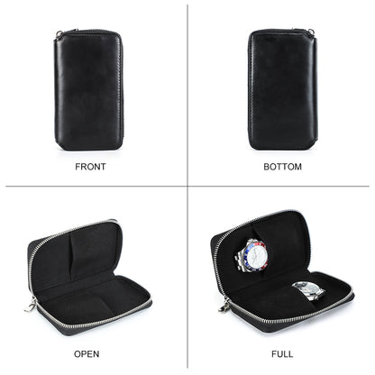 CONTACTS FAMILY Genuine Leather 2 Slot Watch Case Vintage Zipper Watches Box-CF1114
