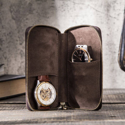 CONTACTS FAMILY Genuine Leather 2 Slot Watch Case Vintage Zipper Watches Box-CF1114